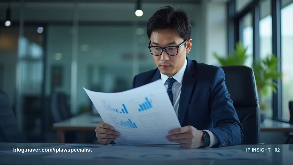 특허 출원을 위한 기술 자료와 명세서를 정리하는 장면